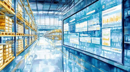 Poster - Modern Warehouse with Digital Dashboard Displaying Inventory Metrics and Data Visualization in a Bright and Open Space