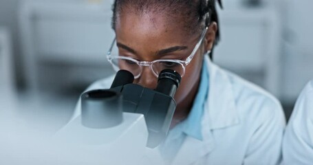 Wall Mural - Analysis, scientist and woman with microscope, lab and medical research for biotechnology and particle. Healthcare, African and professional with equipment for vaccine, molecule and test for medicine