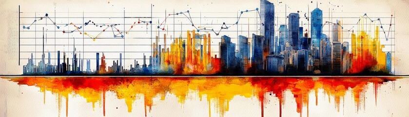 Poster - Abstract watercolor city skyline with vibrant colors showcasing financial graphs and trends in a modern artistic representation of urban life