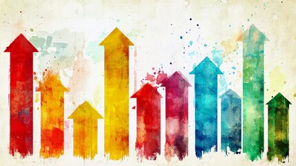 Poster - Colorful Abstract Arrows Representing Growth and Progress on a Textured Background with Bright Splashes of Watercolor in Various Hues