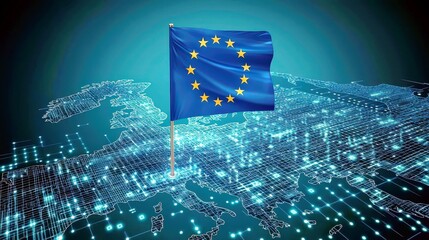 Poster - Digital Representation of the European Union Flag with a Background of Europe Map, Symbolizing Unity and Technology in a Connected World
