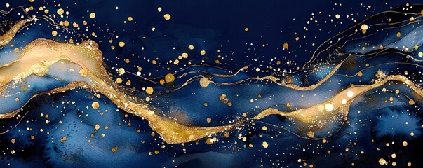 Poster - Abstract Blue and Gold Background with Shimmering Particles and Flowing Lines for Elegant Design or Art Projects