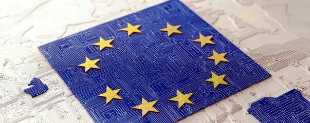 Poster - European Union Flag with Golden Stars on Abstract Circuit Board Background Representing Technology and Innovation in Europe