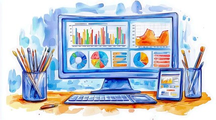 Poster - Colorful watercolor illustration of a workspace with a computer displaying graphs, charts, and analytics data surrounded by art supplies and tools