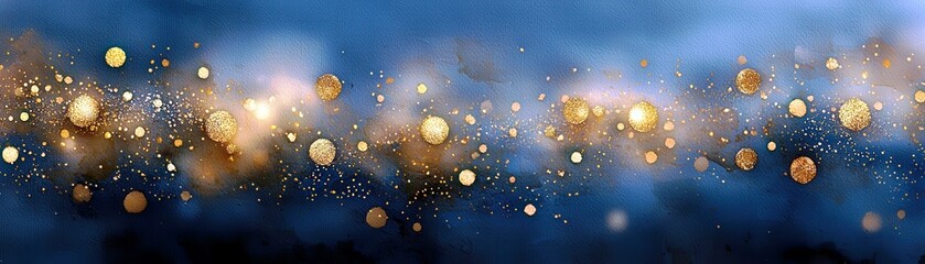 Poster - Shimmering Golden Bokeh Lights on a Deep Blue Background Creating a Dreamy and Ethereal Atmosphere for Creative Projects and Designs