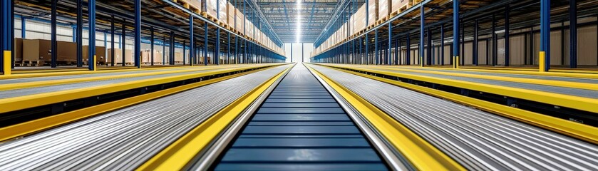 Poster - Empty Warehouse Aisle with Conveyor Belts and Bright Illumination Creating a Sense of Depth and Space in a Modern Distribution Center Environment