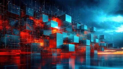 Poster - Abstract digital landscape with glowing cubes and vibrant colors showcasing technology, innovation, and futuristic design in a dynamic atmosphere