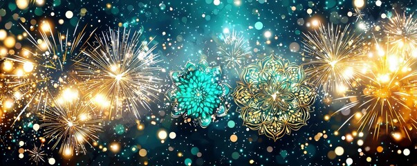 Poster - Colorful Fireworks Display with Shimmering Sparkles and Decorative Elements for Celebration and Festivity Background