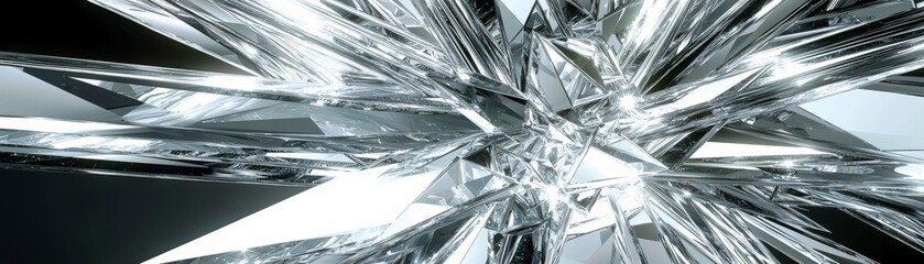 Poster - Shimmering Crystal Structure with Jagged Edges Reflecting Light and Creating an Ethereal Atmosphere in a Dark Background