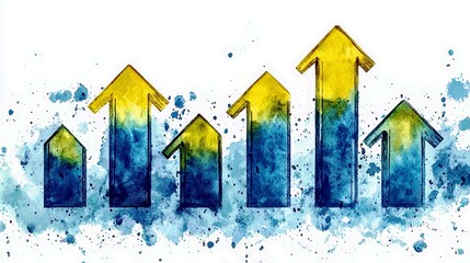 Poster - Colorful watercolor illustration of upward arrows representing growth, progress, and success in business and finance with artistic splashes and textures