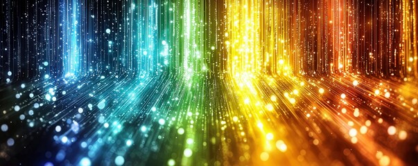 Poster - Vibrant Colorful Light Rays Shining Through Darkness with Sparkling Bokeh Effects in a Dramatic Display of Energy and Motion