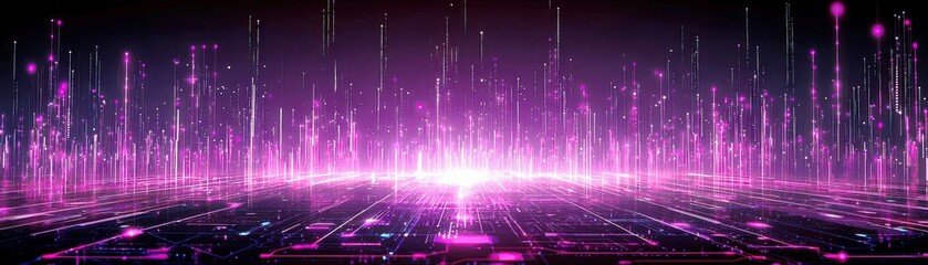 Poster - Vibrant Digital Landscape with Pink Glowing Particles and Light Beams Creating a Futuristic Technology Background