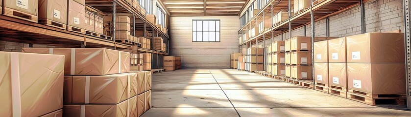 Poster - Spacious warehouse interior with neatly stacked cardboard boxes, bright natural light illuminating empty storage space and high wooden ceiling.