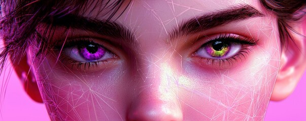 Poster - Close-Up of a Young Person's Face with Unique Multicolored Eyes and Futuristic Digital Effects Highlighting Features in Vibrant Colors