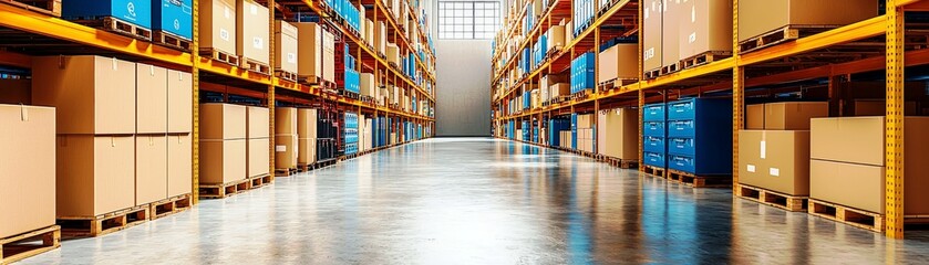Poster - Spacious and Organized Warehouse Interior with Neatly Stacked Cardboard Boxes and Bright Natural Light Streaming Through the Large Windows