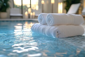 Luxury Resort Poolside Scene with White Towels and Blue Water Relaxation Vacation Sunshine