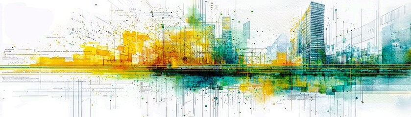 Poster - Abstract cityscape illustration featuring vibrant colors and digital patterns reflecting modern urban architecture and technology in a futuristic setting