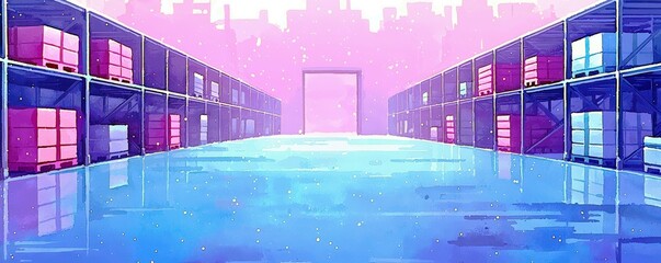 Poster - Serene Warehouse Interior with Colorful Pallets and Reflections Under Soft Lighting in a Dreamy, Vibrant Cityscape Background
