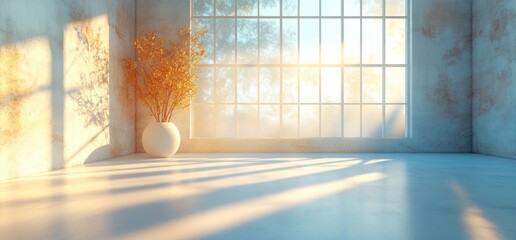 Aufkleber - Minimalist Interior Scene with Large Windows Soft Shadows Natural Light White Floor Scandinavian Design