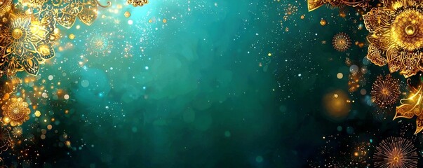 Poster - Elegant Golden Floral Design with Sparkling Bokeh Effect on Turquoise Background for Celebratory Occasion or Festive Events