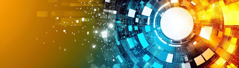 Poster - Abstract digital design featuring futuristic circular patterns, vibrant colors, glowing lights, and a smooth blend of blue and orange tones for modern backgrounds