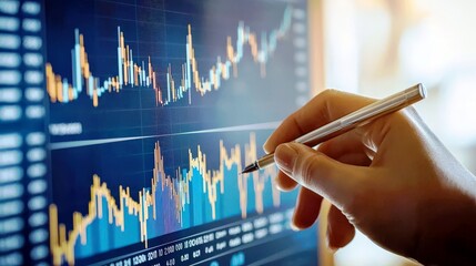 Poster - Detailed Analysis of Data Trends with Hand Holding Pen over Digital Financial Graphs Displaying Market Fluctuations and Insights in Modern Workspace