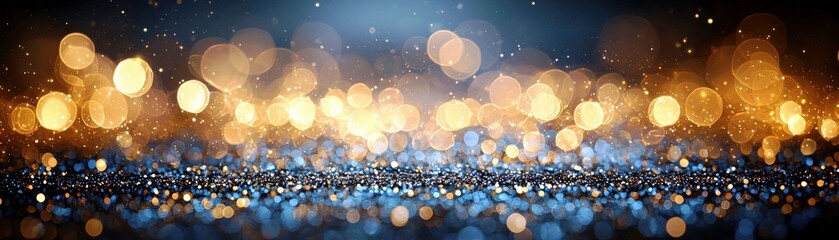 Poster - Beautiful shimmering background with sparkling bokeh lights in golden and blue hues creating a festive and joyful atmosphere for celebrations and events.