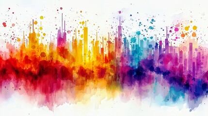 Poster - Vibrant abstract watercolor city skyline with colorful splashes and gradients for creative backgrounds and artistic designs