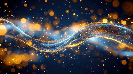 Poster - Elegant and Shimmering Gold and Blue Light Waves with Glowing Particles in Dark Background Creating a Magical and Enchanting Atmosphere for Background Usage