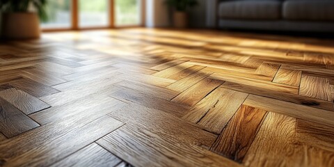 Aufkleber - Herringbone Wood Floor Close-Up Light Oak Texture Natural Grain Ambient Lighting
