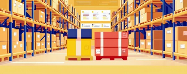 Poster - Colorful warehouse interior with stacked pallets and organized shelves filled with boxes and labels showing the efficient storage system in a modern facility