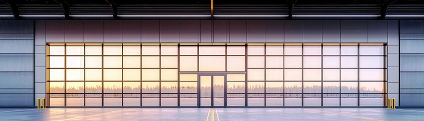 Poster - modern industrial warehouse with large windows at sunset, spacious interior, bright lighting, and mi