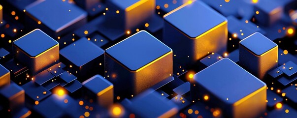 Poster - Vibrant Abstract Digital Technology Background with Glowing Cubes and Sparks Creating a Modern Futuristic Atmosphere for Creative Projects