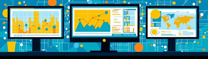 Poster - Data Visualization and Analysis with Graphs and Charts on Multiple Computer Screens in Modern Office Setting