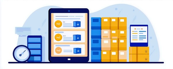Poster - Modern Digital Inventory Management System with Charts, Tablets, and Storage Boxes Representing Business Efficiency and Organization