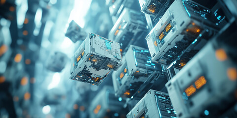 Poster - Futuristic robotic arms sorting and organizing data cubes in high tech environment, showcasing advanced technology and automation
