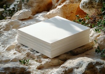 Poster - Blank Notebook Mockup on Textured Sand Surface with Rocks in Natural Light