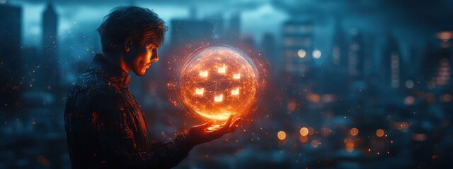 Poster - Cyberpunk Businessman with Glowing Orb in Compliance and Regulation Management Concept