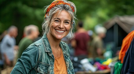 Aufkleber - Volunteers organizing a swap event for clothes and household items to encourage reuse Stock Photo with side copy space