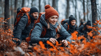Aufkleber - A group of volunteers restoring hiking trails to minimize environmental impact and erosion Stock Photo with side copy space