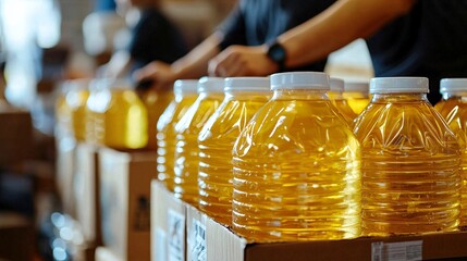 Aufkleber - A team of volunteers distributing relief supplies to disaster-affected families with organized boxes and bags Stock Photo with side copy space