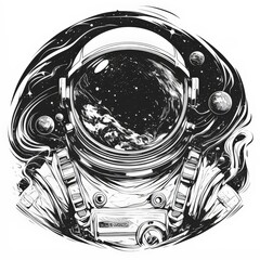 bold black ink illustration of a cosmic astronaut helmet surrounded by orbiting planets, in a clean 