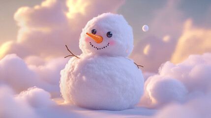 Wall Mural - Cute Fluffy Snowman in Pastel Cloudscape