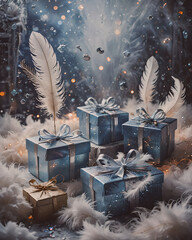 Wall Mural - Gift Boxes on a Background with Bokeh Lights - Christmas and New Year Celebration