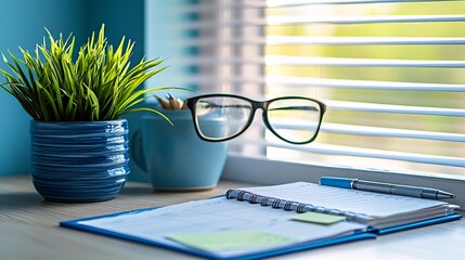 Poster - An organized workspace with goal-setting tools including a planner and sticky notes Stock Photo with side copy space