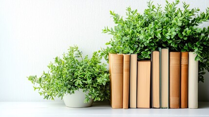 Aufkleber - A stack of self-improvement books on a clean white desk inspiring personal growth Stock Photo with side copy space