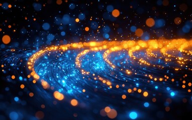 Poster - futuristic fiber optic cables close up with cool blue light and bokeh effect for abstract technology
