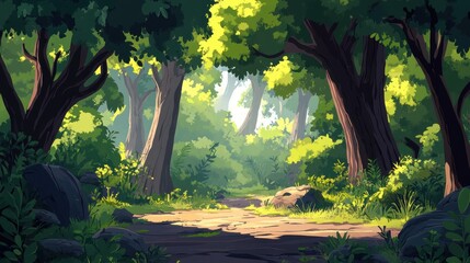 Sticker - Lush green forest path, sunlight dappled through leaves, rocks and foliage. Ideal for game backgrounds, children's books, or nature-themed projects.