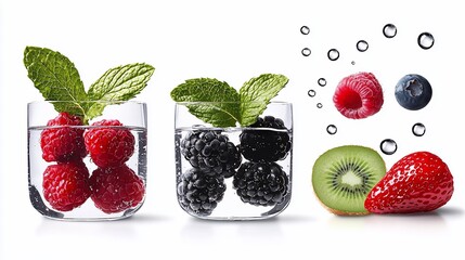 Wall Mural - Refreshing berry water with raspberries, blackberries, blueberries, kiwi, and strawberry.