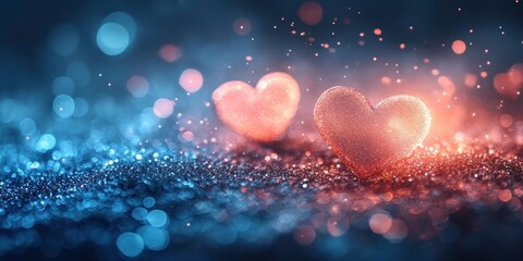 Poster - Valentine Background Hearts Soft Pink Blue Abstract Dreamy Bokeh Ethereal Lighting